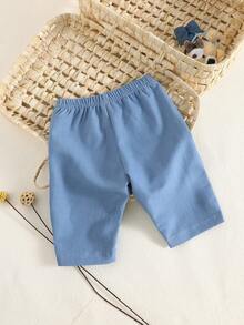 SHEIN 新生兒休閒可愛熊刺繡長褲 春/秋款 - 藍色 - 查看 2