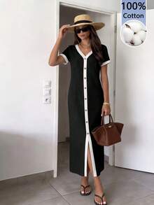 Easowa Contrast Trim V-Neck Button Front Casual Short Sleeve Dress,Dresses For Women Summer - Black and White - View 4