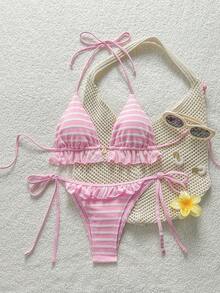 SHEIN Swim Women's Summer Beach Vacations Sweet & Cute Pink And White Striped Ruffled Bikini Set ,Two-Piece Open-Back Halter-Neck Bikini Set With Tie-Back Detail - Pink - View 2