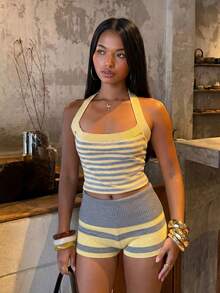 SHEIN BAE Contrast Color Striped Halter Neck Cropped Slim Fit Sexy Women's Sweater - Butter Yellow - View 8
