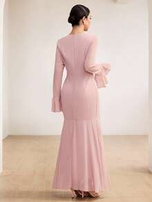 Graceveil Elegant Polka Dot High Neck Flared Sleeve Cinched Waist Mermaid Dress - Pink - View 3