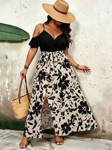 SHEIN VCAY Floral Print Patchwork Off-Shoulder Spaghetti Strap Plus Size Dress - Multicolor - View 4