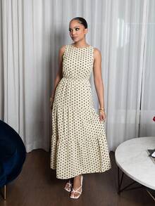 Melissa Matos Polka Dot Sleeveless Ruffle Hem A-Line Dress Maxi Women Outfit Elegant - Beige - View 4