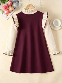 SHEIN Serisse Kids Tween Girl 3D Bow Decor Ruffle Flare Cuff Sweater Autumn Dress - Burgundy - View 2
