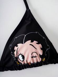 Betty Boop x SHEIN 女款夏季海灘卡通印花掛脖綁帶性感時尚比基尼兩件式泳衣套裝，附豹紋印花罩衫上衣 - 黑色 - 查看 3