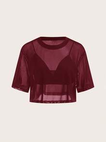 SHEIN BASICS 大尺碼女款時尚性感休閒透視上衣附內衣 夜間工作服 酒紅色 夏季 - 酒紅色 - 查看 8