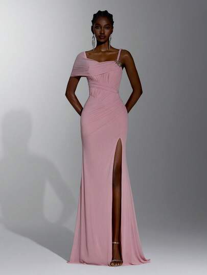 Elitara Elegant Lotus Pink Asymmetrical Novelty Neckline, Slimming Pleated Front, Metal Decorative Buckle, Fitted Floor-Length Mermaid Skirt, Side High Slit, Suitable For Beach Vacation, Multi-Occasion Wear, Music Festival, Date, Dinner, Photo Shoot, Summer, Birthday Party, Graduation Ceremony, Baby Shower, Wedding Event, Bachelorette Party, All Formal Occasions, Women's Evening Gown.