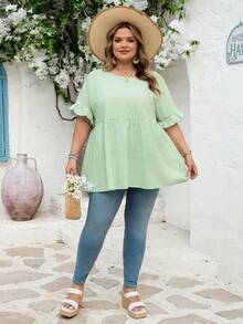 SHEIN CURVE+ Curve Size US22 音樂節、海邊度假、波希米亞 CURVE PLUS / / 女款格紋印花襯衫，適合春夏波希米亞風度假，休閒娃娃風襯衫 - 綠色 - 查看 9