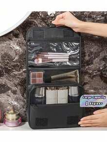 1 pieza Bolsa de maquillaje colgante multifuncional, bolsa de almacenamiento, gran capacidad, fácil de transportar, regalo navideño, vibraciones bohemias - Negro - Ver 6