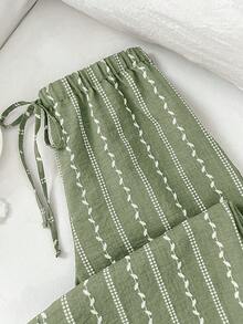 Elamini 女款基礎休閒可愛低腰不對稱葉子印花泡泡紋彈性腰寬腿長褲 - 橄欖綠 - 查看 3