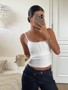 SHEIN EZwear 白色針織修身細肩帶背心 - 白色 - 查看 1