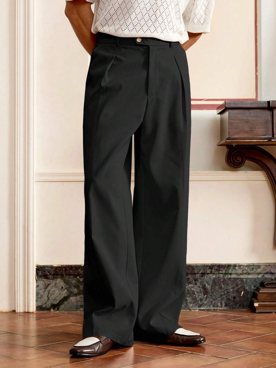 SWAVVY Men's Woven Fashion Casual Loose Straight Leg Pants With Elastic Waist, Solid Color - Black - View 1