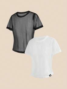 Cheerettes Women's Solid Color Round Neck Casual Versatile Daily Travel Sports Short Sleeve T-Shirt 2pcs/Pack - Black and White - View 13