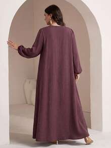 Veilorie Plus Size Women Solid Color Button Long Sleeve Pleated Arabian Dress - Dusty Pink - View 5