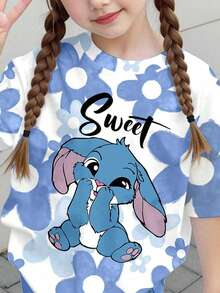 SHEIN Kawaii Young Girls 2-Piece Set Blue Rabbit Stitch Pattern,Graphic Tops & Tight Shorts,Korean Style Summer School Outfits,Casual Ballerina Floral Set - Multicolor - View 4