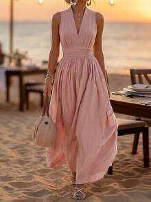 SHEIN LUNE Women's Textured Shirred Halter Neck Pleated Vacation Dress Vacation Dusty Pink Summer Elegant - Pink - View 1