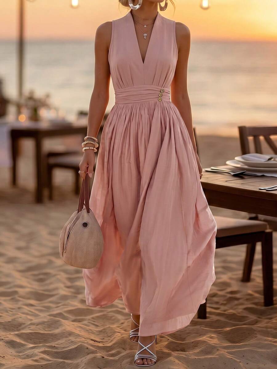 SHEIN LUNE Women's Textured Shirred Halter Neck Pleated Vacation Dress Vacation Dusty Pink Summer Elegant - Pink - View 1