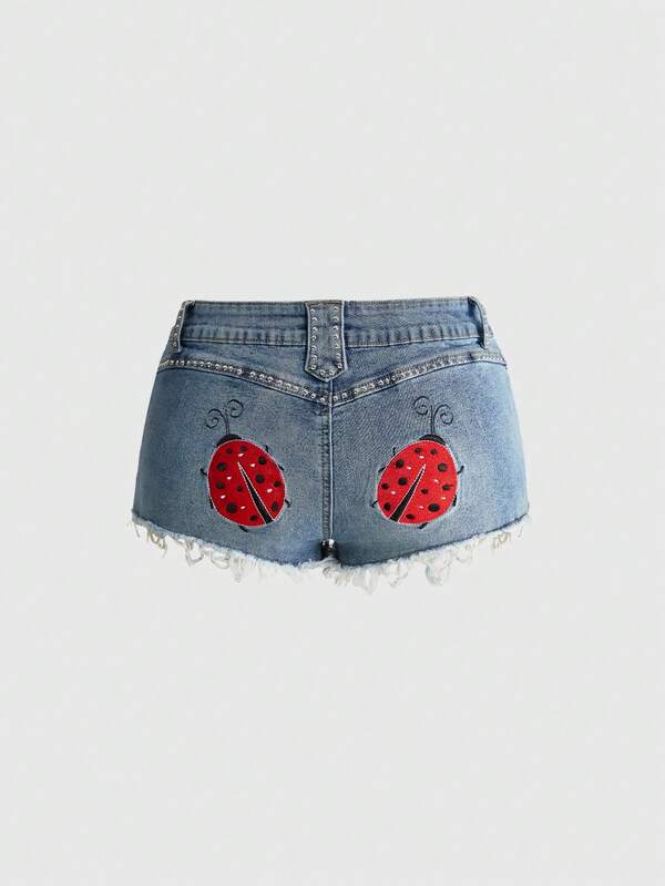 ROMWE Avant Y2K Fun Seven-Star Ladybug Embroidered Low Waist Mini Frayed Denim Shorts For Women