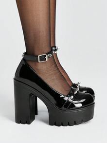 ROMWE Grunge Punk Ladies Sexy Platform Heels Fashion Solid Color Buckle Decorative Rivet Adjustable Buckle Holiday Party Travel Dating Mary Jane Women's Shoes - Bright black - View 6