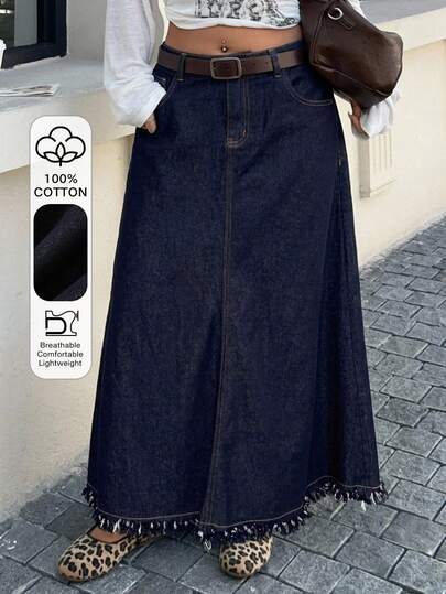 Dazy Plus Vintage Denim Skirt Versatile Frayed Hem Loose Casual Extra Long Plus Size Women All Season Denim Skirt