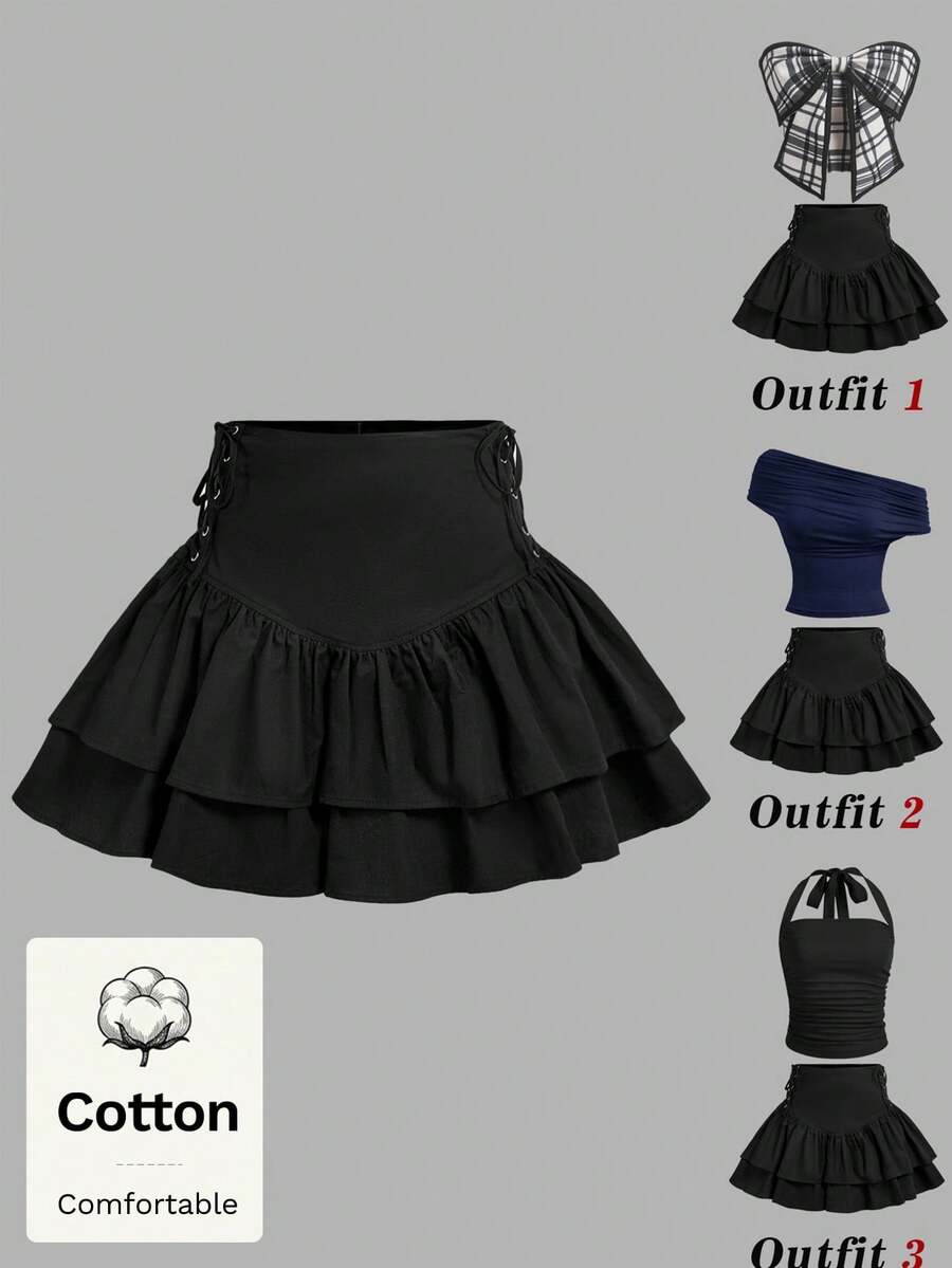 SHEIN MOD Woman Cotton Cotton Solid Lace Up High Waist Mini Black Coquette Layered Ruffle Skirt Going Out Halloween Spring Summer - Black - View 1