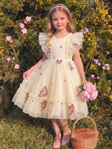 SHEIN Glamorique Kids 四季嬰幼兒刺繡正式洋裝，刺繡公主正式洋裝，荷葉袖收腰正式洋裝 - 香檳色 - 查看 6