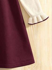 SHEIN Serisse Kids Tween Girl 3D Bow Decor Ruffle Flare Cuff Sweater Autumn Dress - Burgundy - View 11