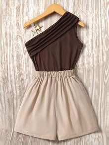 SHEIN Tween Girls 2pcs/Set 1 Mini Set Tween Girls Spring/Summer New Fashion Old Money Style Versatile Asymmetrical Shoulder Tank Top & Shorts Set, Back - Brown - View 2