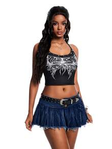 INAWLY Solva Summer Fashion Studded Butterfly Print Cropped Backless Halter Top - Black - View 7