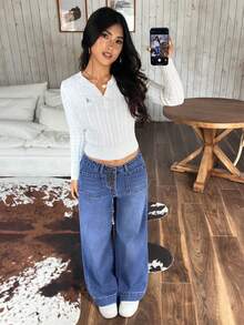 SHEIN PETITE 女款口袋鈕扣休閒百搭通勤寬腿牛仔褲，適合嬌小女性 - 藍色 - 查看 4