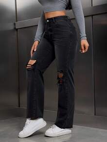 SHEIN Tall Jeans de mezclilla casuales desgastados para mujer con bolsillos con botones delanteros, estilo básico, para mujeres altas - Negro - Ver 4