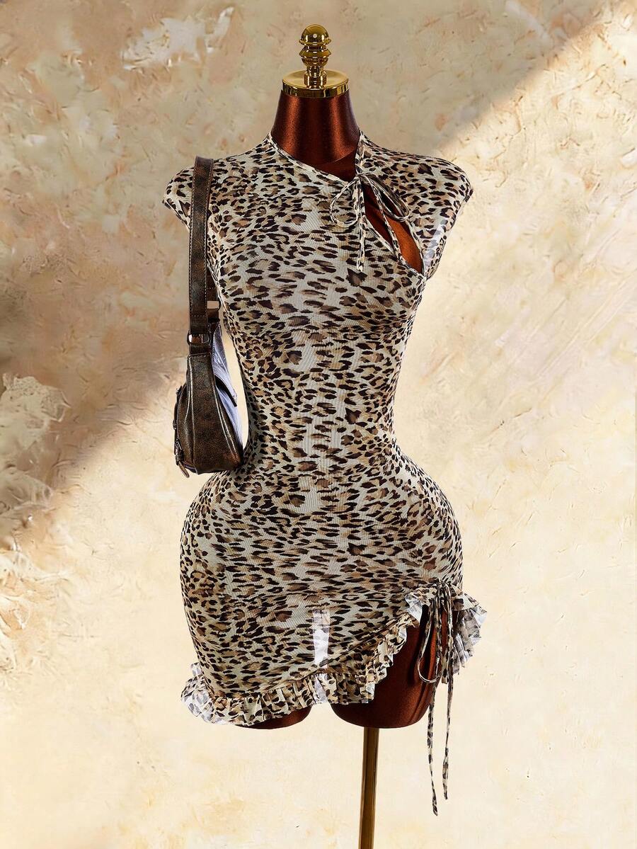 Amplova Women's Leopard Print Mini Dress With Cheongsam Collar - Multicolor - View 1