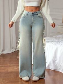 SHEIN Tall 純色側綁帶口袋拉鍊休閒寬腿牛仔褲，適合日常穿著，適合高個女性 - 中等水洗藍 - 查看 3