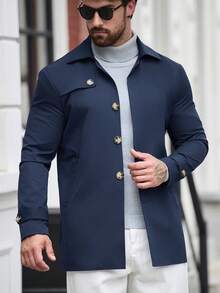 Manfinity Mode Men's Solid Color Single-Breasted Fashion Versatile Daily Casual Trench Coat Jacket - Navy Blue - View 7