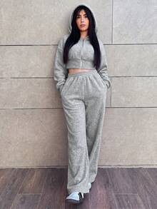 Hitanina 女款春季時尚粉色前拉鍊連帽衛衣與長褲兩件套 優雅 - 灰色 - 查看 6
