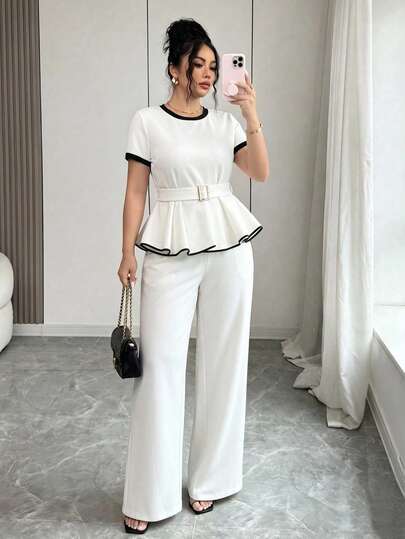 SHEIN Elenzya Plus Size Women's Woven Regular Fit Summer Autumn Elegant Commute Minimalist Fashion Date Round Neck Contrast Trim Short Sleeve Waist-Cinching Top And Long Pants White 2-Piece Set