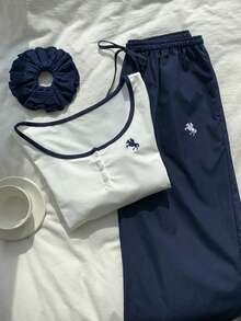 Comfortcana 女款馬術刺繡鈕扣半開襟長袖上衣與長褲休閒兩件套 - 彩色 - 查看 6