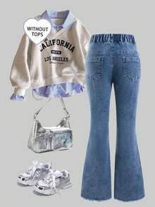 SHEIN ChillGRL TWEEN GIRLS 青少年女孩牛仔褲，女孩牛仔喇叭褲，四季通用復古 Y2K 中藍色牛仔色，水洗磨損效果，不對稱腰頭配斜扣，膝蓋破洞磨損，毛邊褲腳，彈性喇叭版型，舒適彈性棉牛仔布，可搭配 T 恤和運動衫，適合音樂節、日常穿著、聚會 - 淺色水洗藍 - 查看 2