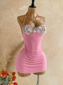 Ure Wave Women's 3D Floral Decor Sequin Patchwork Backless Halter Mini Dress - Multicolor - View 10