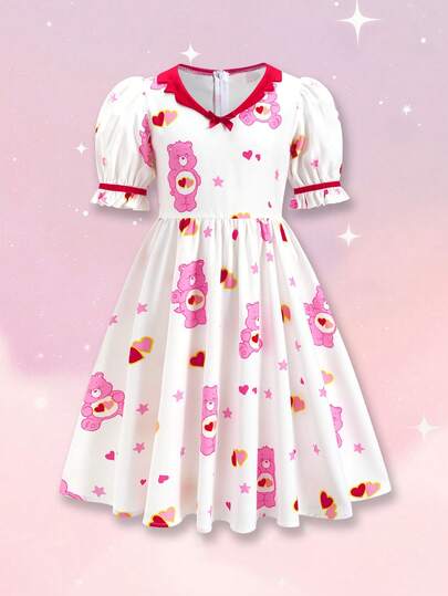 SHEIN X Care Bears 1pc Casual Style Girls' Dress, Collared Petal Sleeve Comfortable Girls' Dress, Carebear Collaboration Girls' Dress
