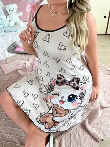 Slumberry CURVE Sweet INS Cute Leopard Print Cat Heart Pattern Comfortable Knit Cami Mini Plus Size Nightgown - Multicolor - View 6