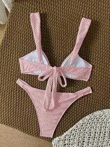 Swim Mod Solid Color Fabric Pearl Accessory Linked, Elegant Sexy Women's Swimwear Set Beach Party Pink Summer - Pink - View 2
