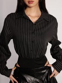 INAWLY Women's Button Half-Placket Striped Long Sleeve Bodysuit, Business Office - Black - View 6