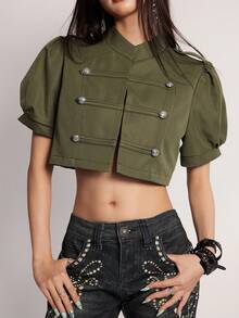 Rina Fox 女款鈕扣設計短款花瓣袖短夾克 - 軍綠色 - 查看 1