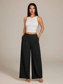 SHEIN PETITE Women's High-Waist Solid Color Pleated Wide Leg Loose Basic Casual Pants Autumn Work Office Black - Black - View 6