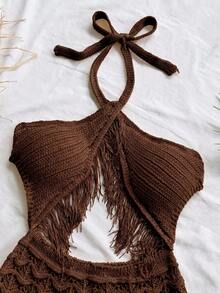 Soleia Gaun Rajut Wanita Seksi dengan Potongan Leher Halter dan Desain Rumbai untuk Liburan - Coffee Brown - View 4