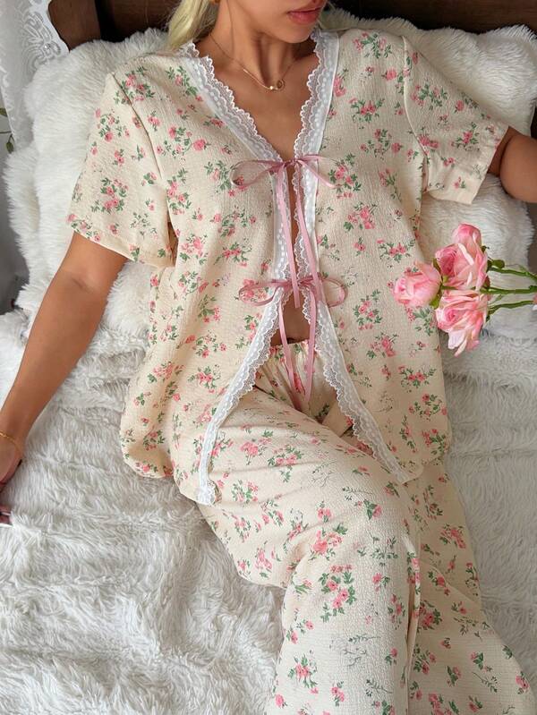 CottageSlumber Romantic Floral Print Contrast Lace Bow Tie Women's Pajama Set
