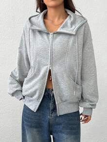 SHEIN EZwear 灰色女款拉鍊口袋長袖運動衫 - 淺灰色 - 查看 6