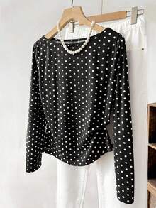 Tseoso Women's Polka Dot Casual Vintage Versatile Daily Long Sleeve T-Shirt Office Black And White Polka Dot Autumn - Black - View 6