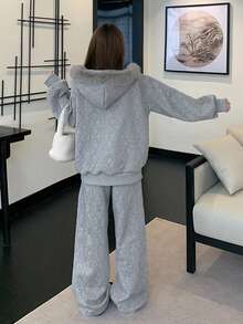 Dazy Tall Women's Fur Collar Patchwork Jacket And Loose Long Pants Casual 2 Pieces Set - Light Grey - View 7